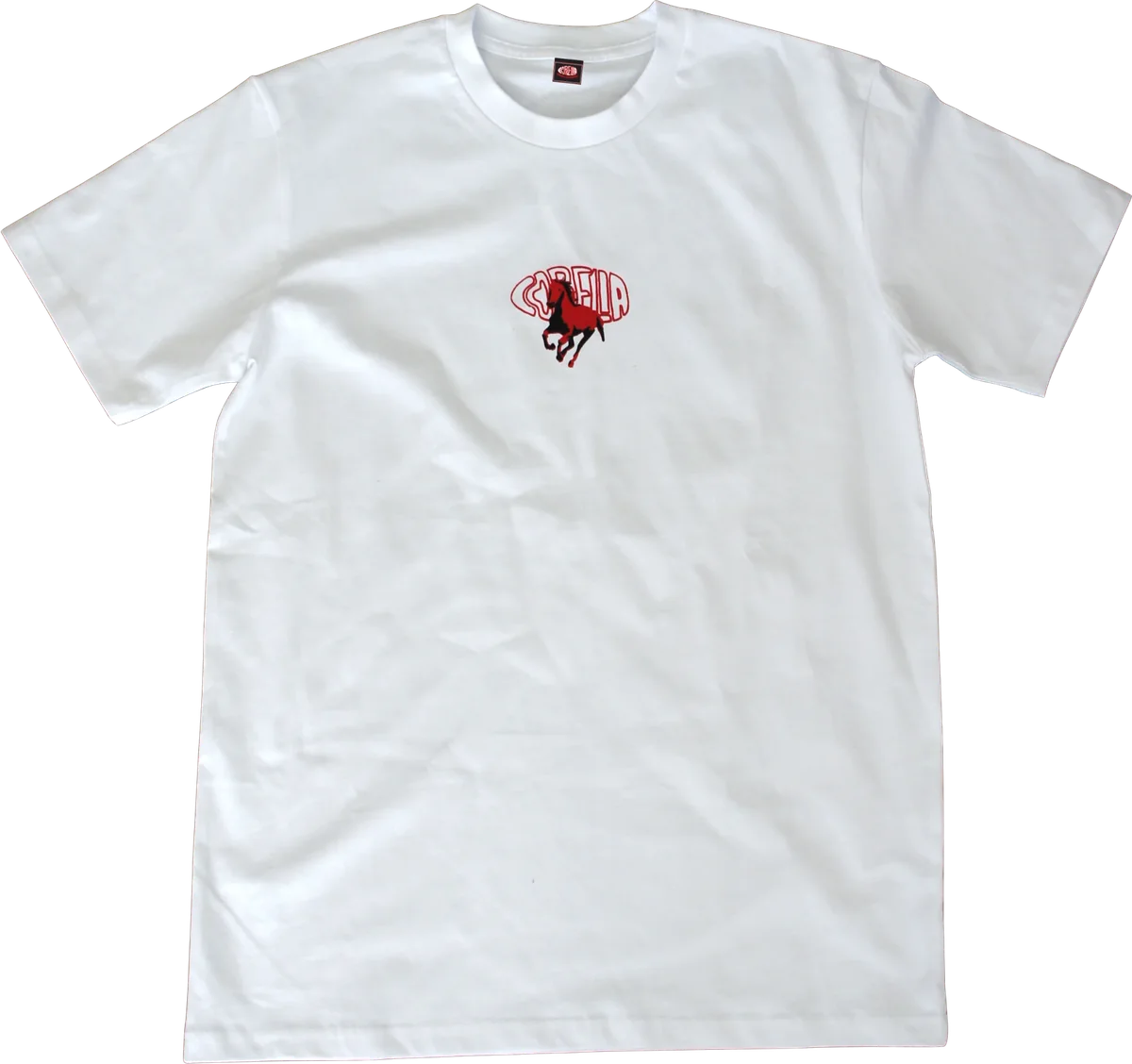 White Coppelia tee, front: the red Coppelia logo with a red and black galloping horse